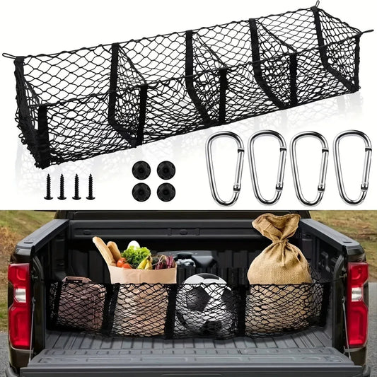 4-Compartment Truck Bed Cargo Net Organizer for Pickup, SUV & Trunk Storage