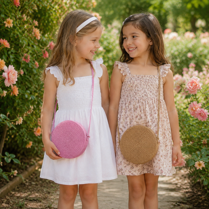 Kids Mini Round Straw Crossbody Bag