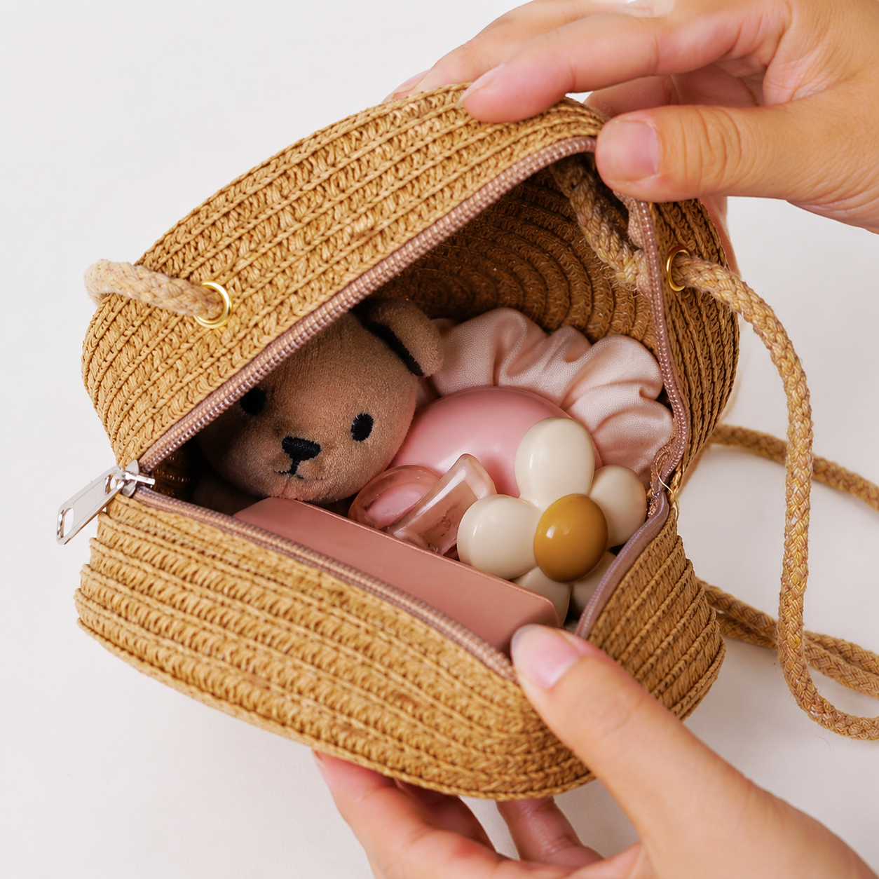 Kids Mini Round Straw Crossbody Bag
