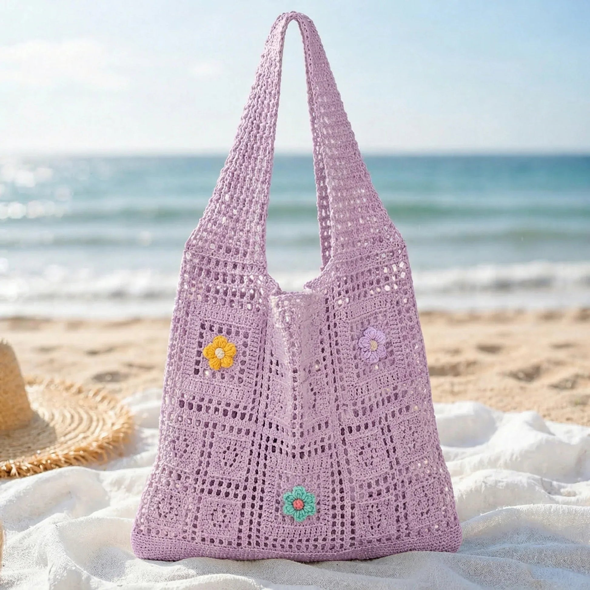 Handmade Crochet Floral Beach Tote Bag