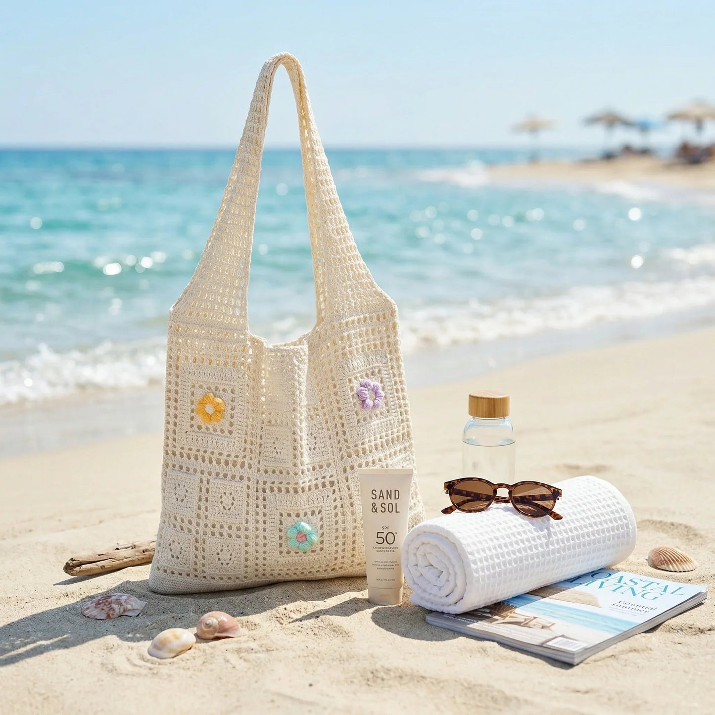 Handmade Crochet Floral Beach Tote Bag