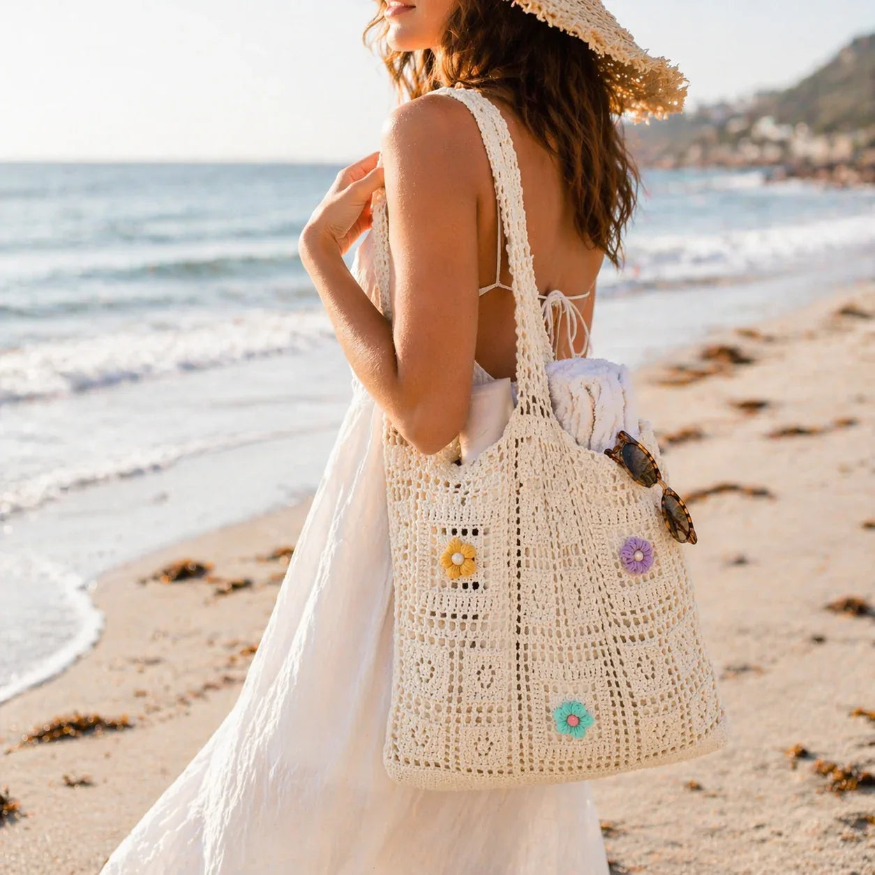 Handmade Crochet Floral Beach Tote Bag