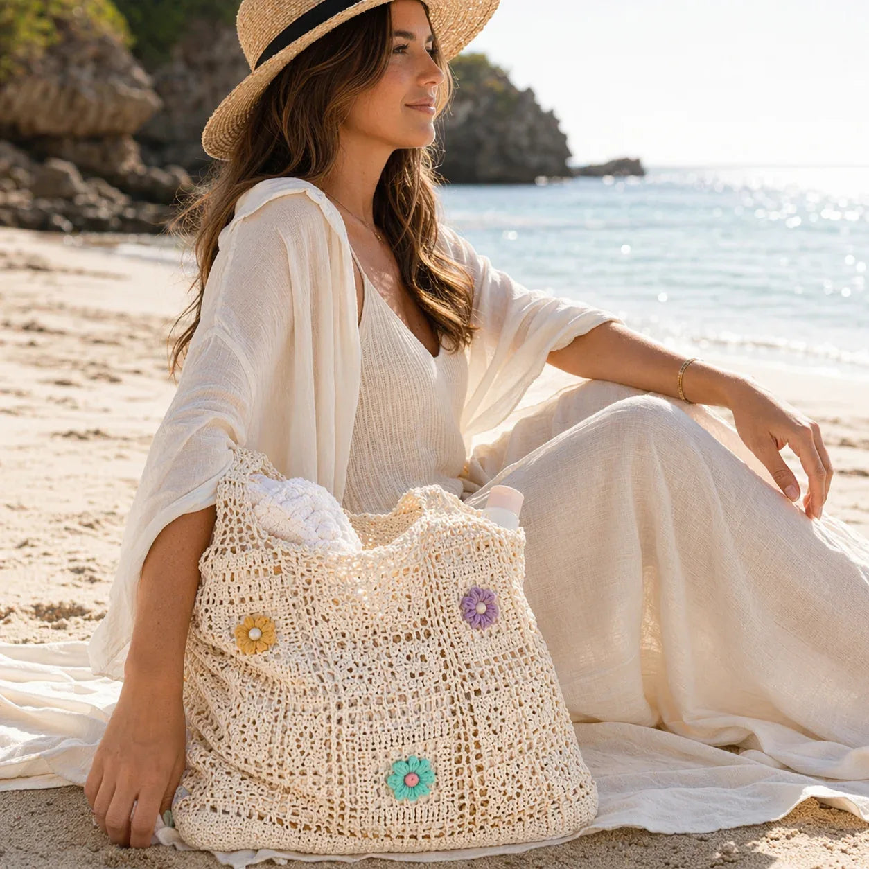 Handmade Crochet Floral Beach Tote Bag