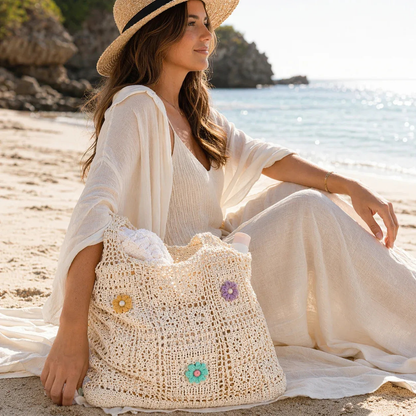 Handmade Crochet Floral Beach Tote Bag