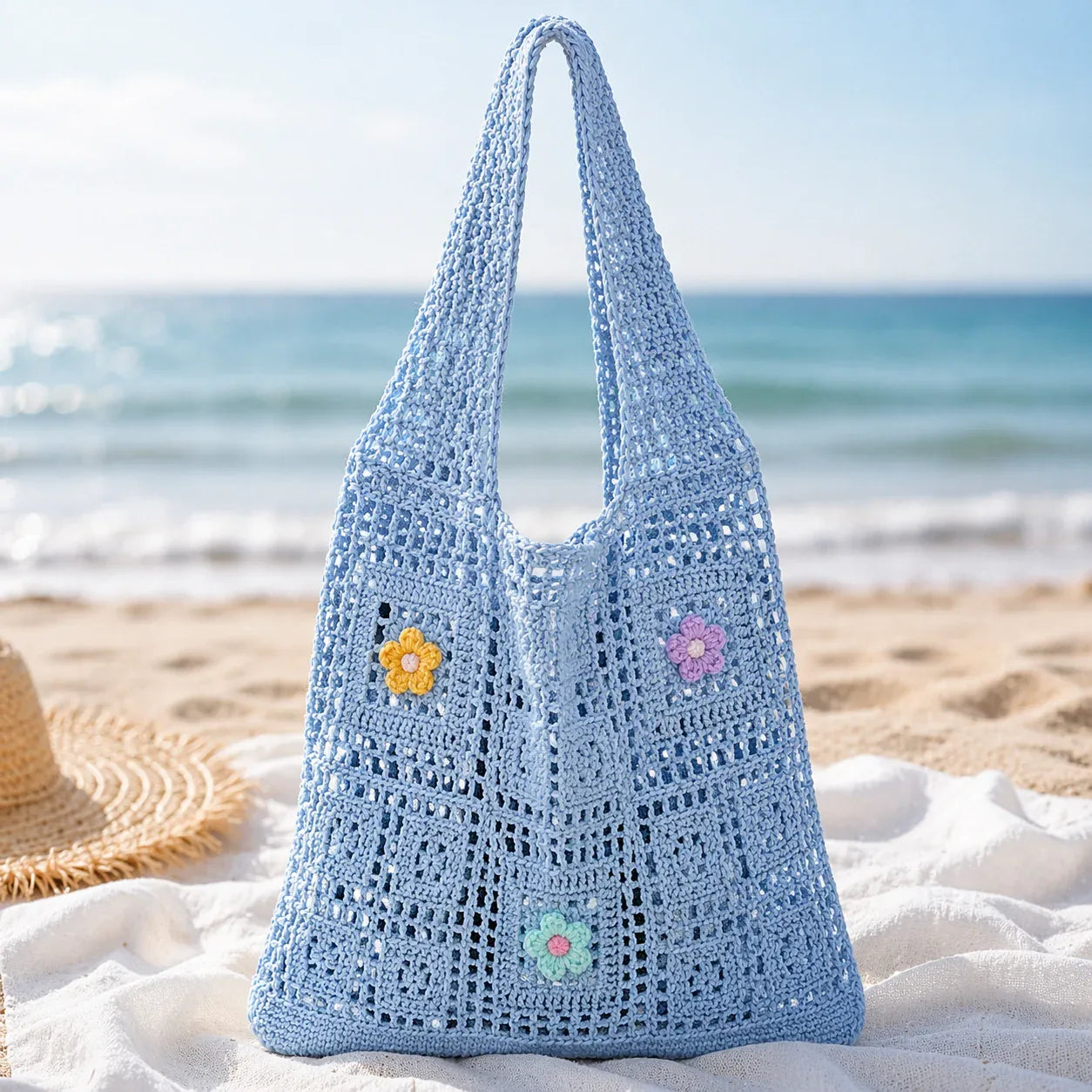 Handmade Crochet Floral Beach Tote Bag