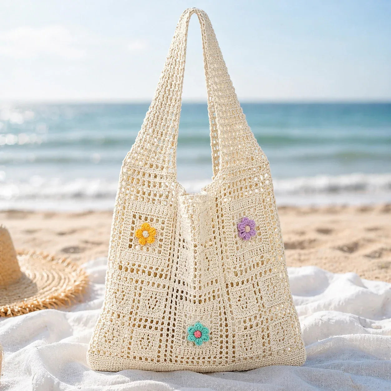Handmade Crochet Floral Beach Tote Bag