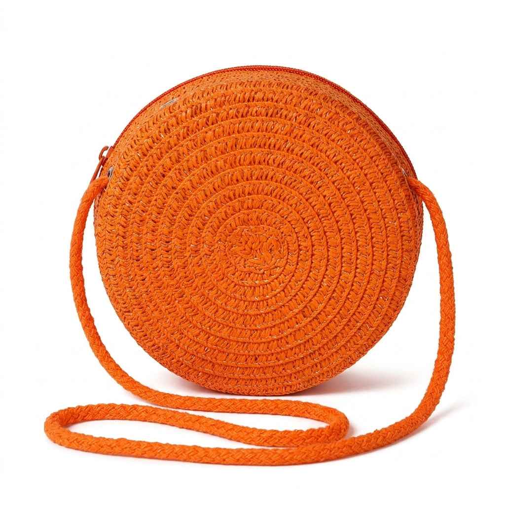 Kids Mini Round Straw Crossbody Bag